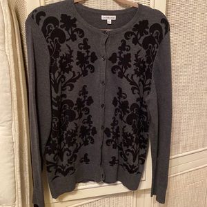Gray cardigan w/black floral detailing; Large, cotton, soft and comfy. Like new